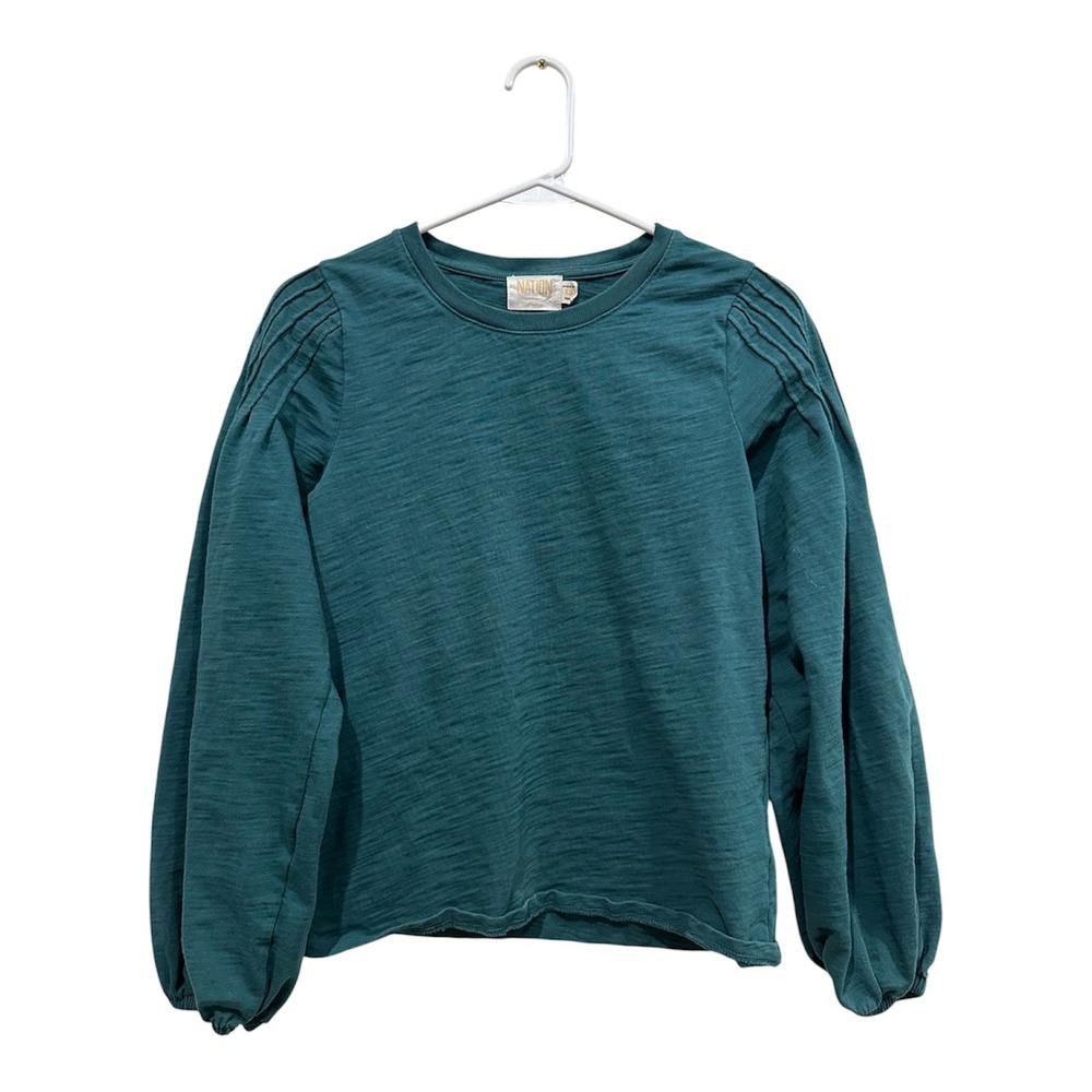 Nation LTD Womens XS Teal Green Cotton Slub Pleated Balloon Sleeve Crew Neck Top